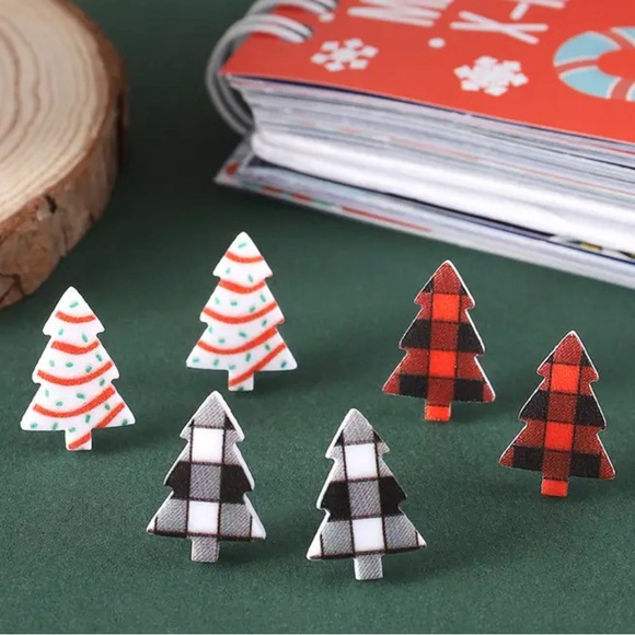 Earrings Christmas Tree Pierced Set of 3 Checkered, Red Garland Green Ornaments - Picture 2 of 6